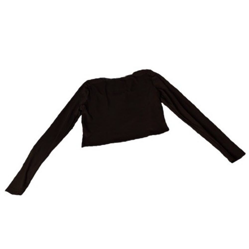 Black Crop Top Long Sleeve Size Large Bow Neck Lace Square Neck Ribbed Feminine - Picture 3 of 6